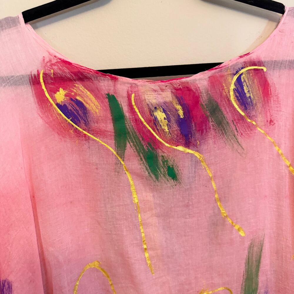Jennifer Thompson Cover Up Hand Painted Kaftan Pink Large Sheer Boho Resortwear - Picture 4 of 6